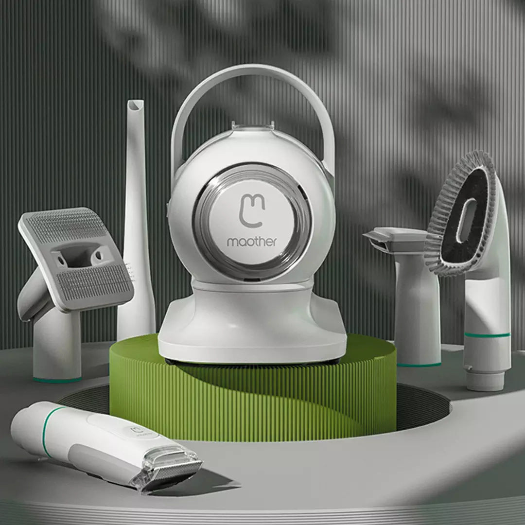 Moother grooming device with attachments on a gray background