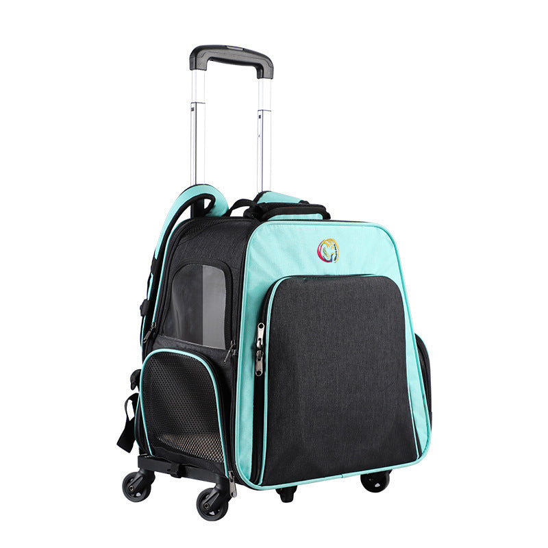 Two-toned suitcase with a black front panel and turquoise top panel on a white background