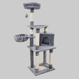 Gray cat tree with multiple levels and a hanging ball on a white background