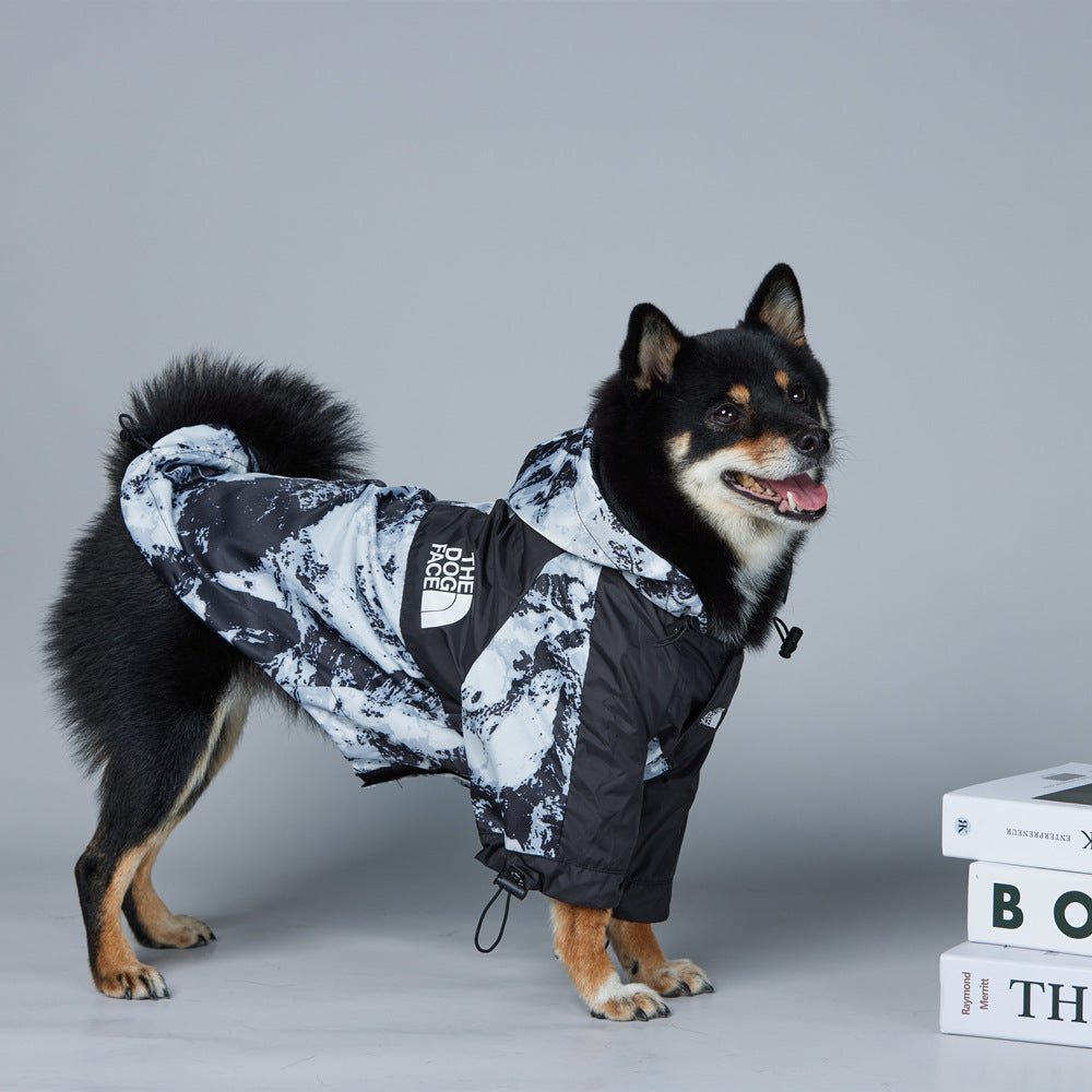 Dog wearing a patterned coat with a brand logo, standing on a gray background.